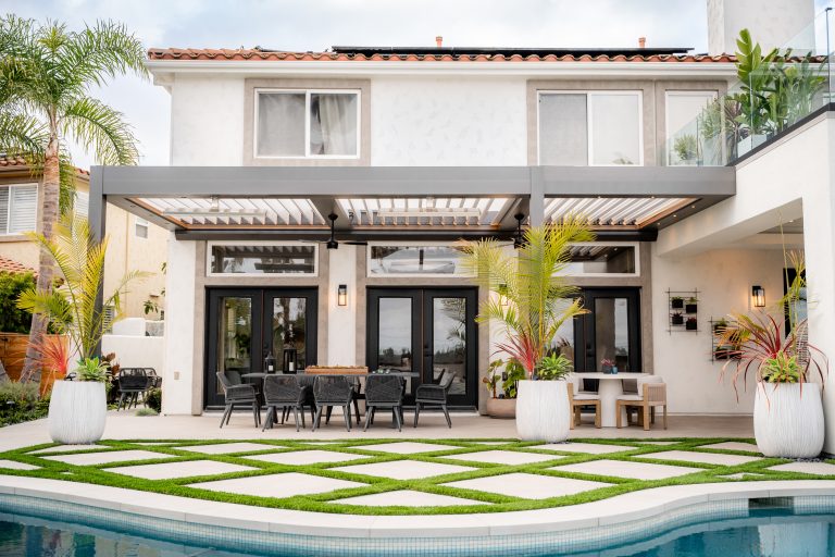 Luxury gray R-Blade motorized louvered pergola - Cabana Theory outdoor structures