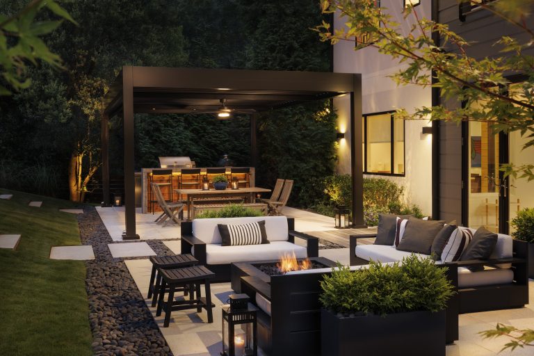 Luxury black R-Blade motorized louvered pergola - Cabana Theory outdoor structures