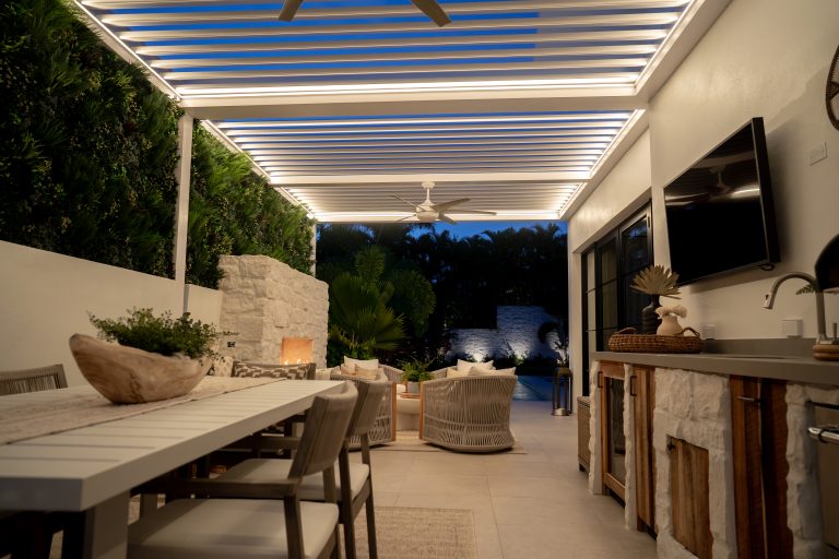 Luxury white R-Blade motorized louvered pergola - Cabana Theory outdoor structures