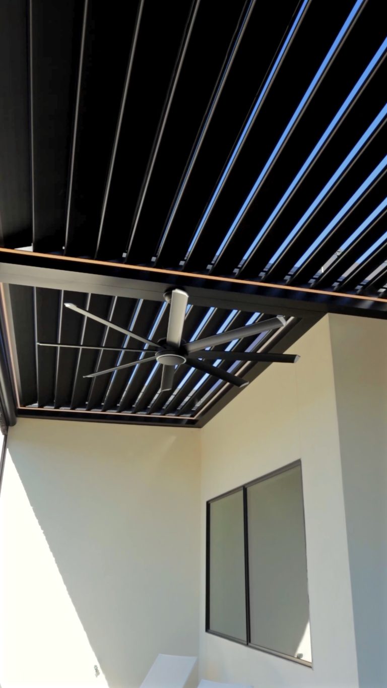 Motorized louvered pergola by Cabana Theory — adjustable aluminum roof system for Texas patios