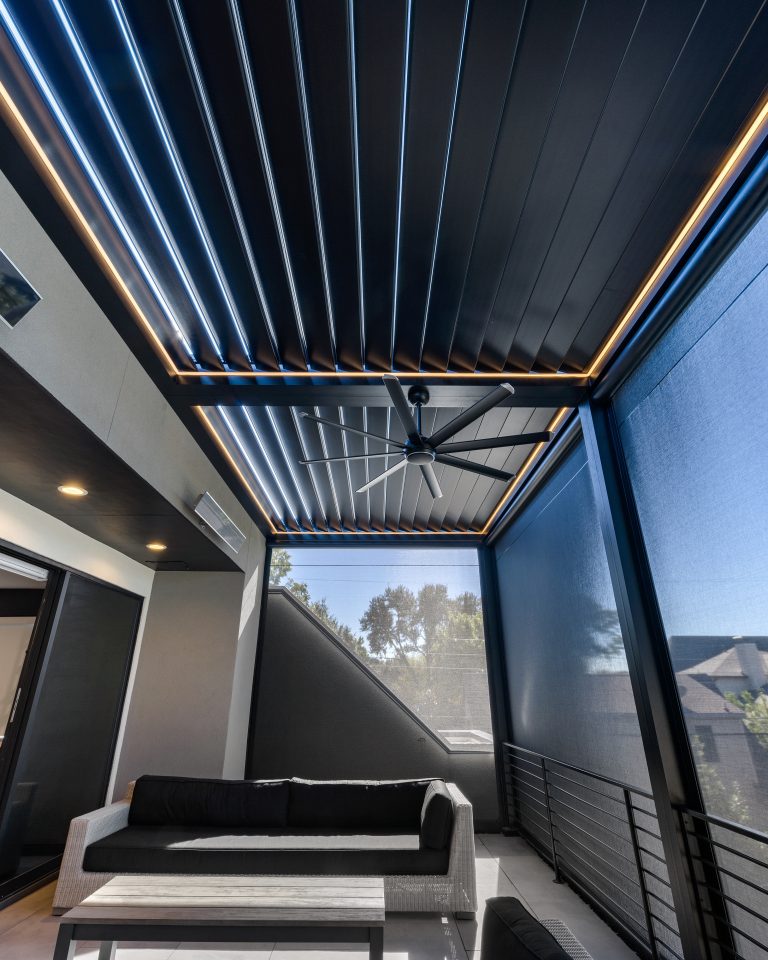 Motorized louvered pergola by Cabana Theory — adjustable aluminum roof system for Texas patios
