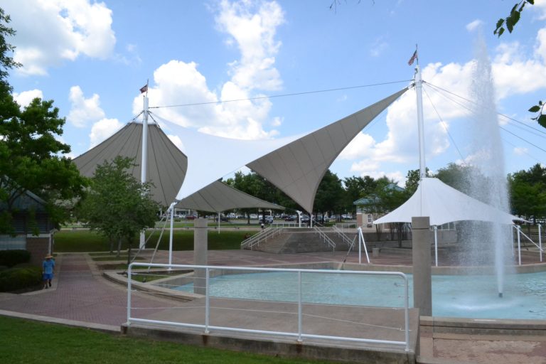 Commercial sail shade tensile structure at municipal plaza — Cabana Theory