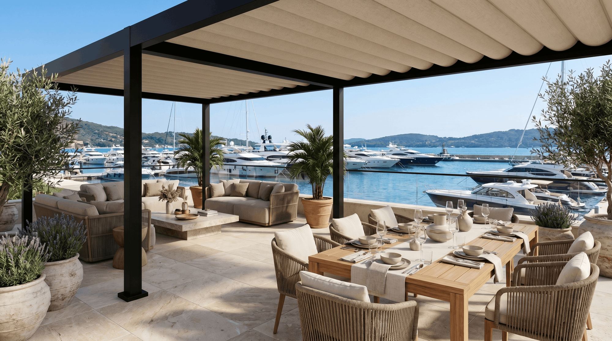 R-Weave retractable canopy pergola with fabric roof and outdoor seating