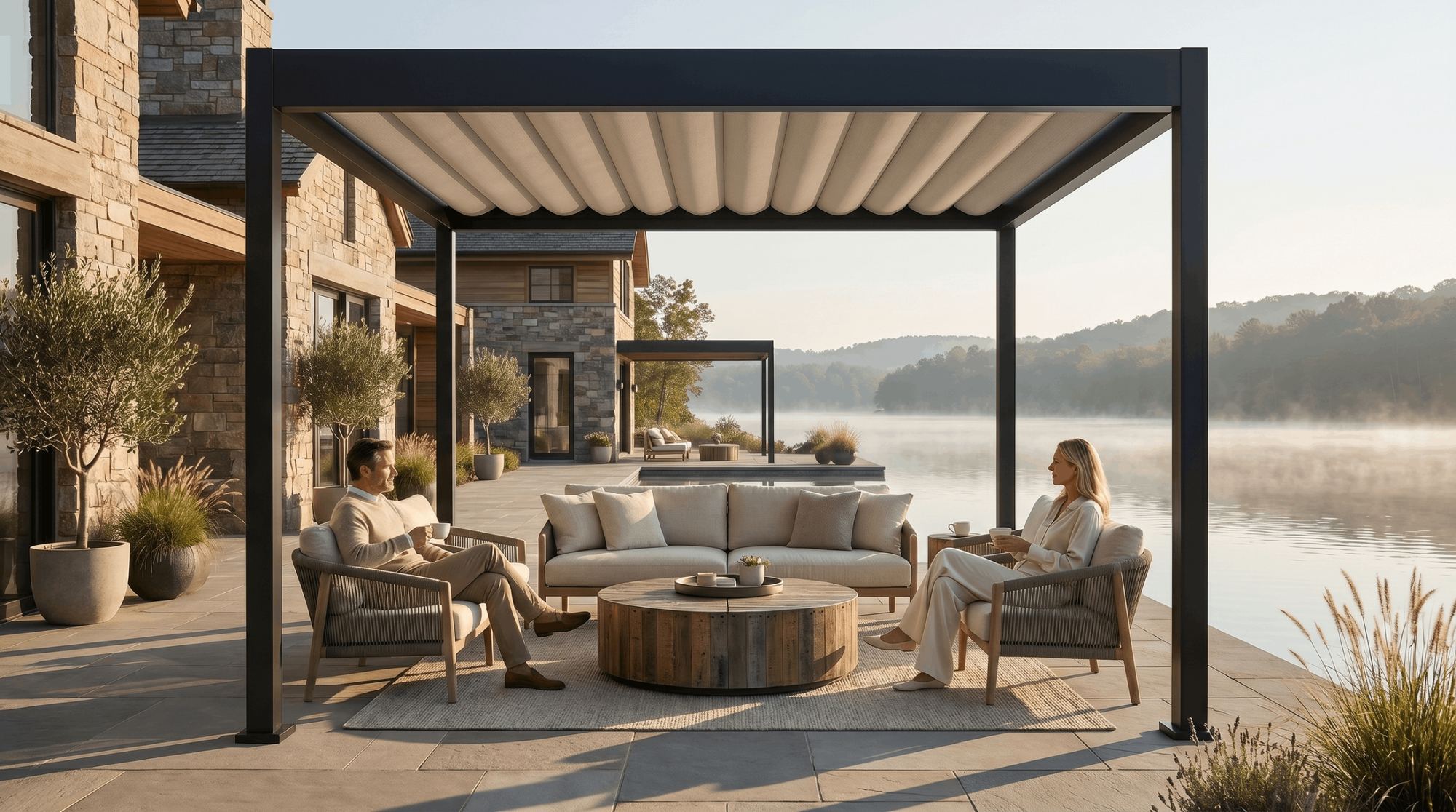 Retractable canopy pergola waterfront seating