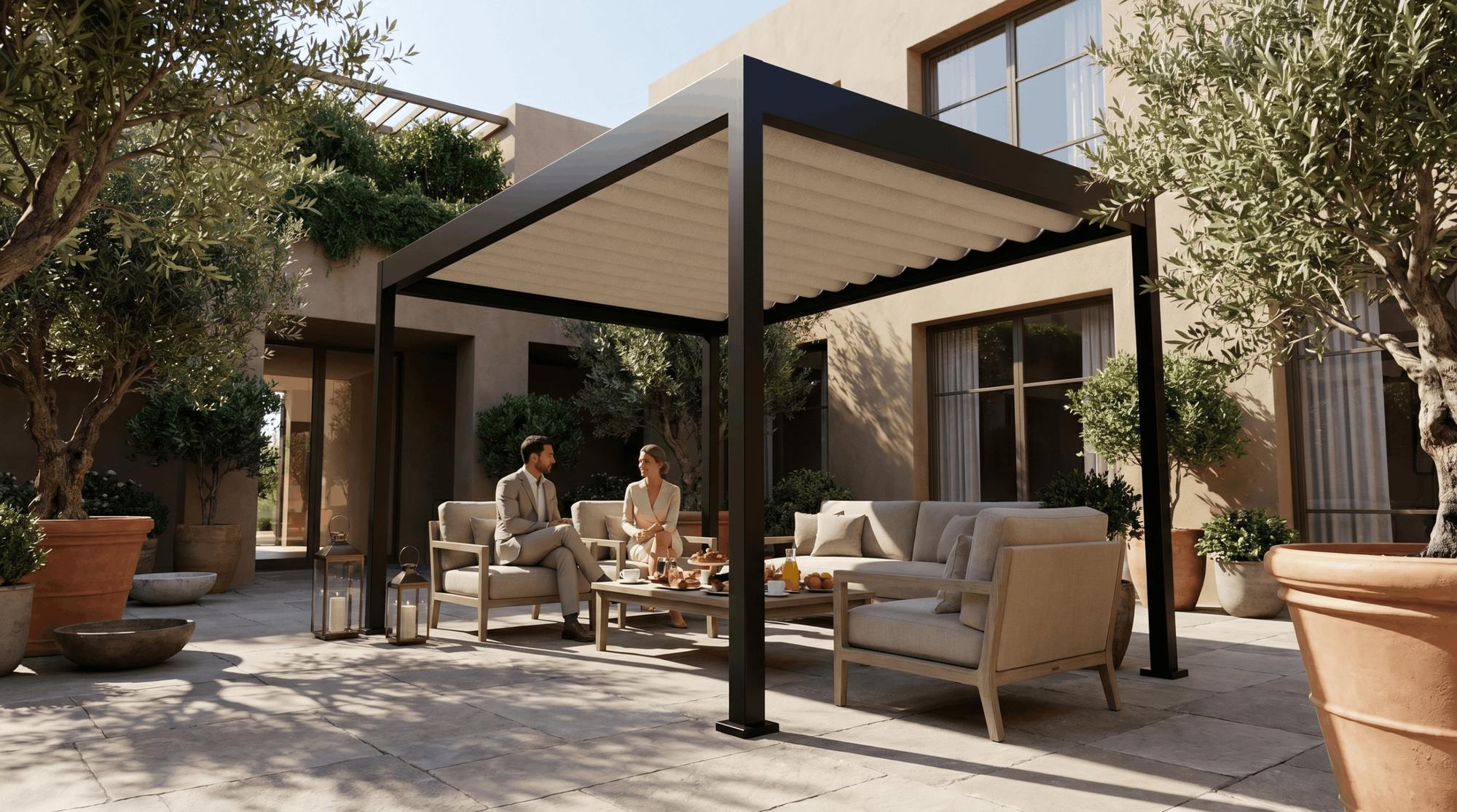 R-Weave black frame pergola installation