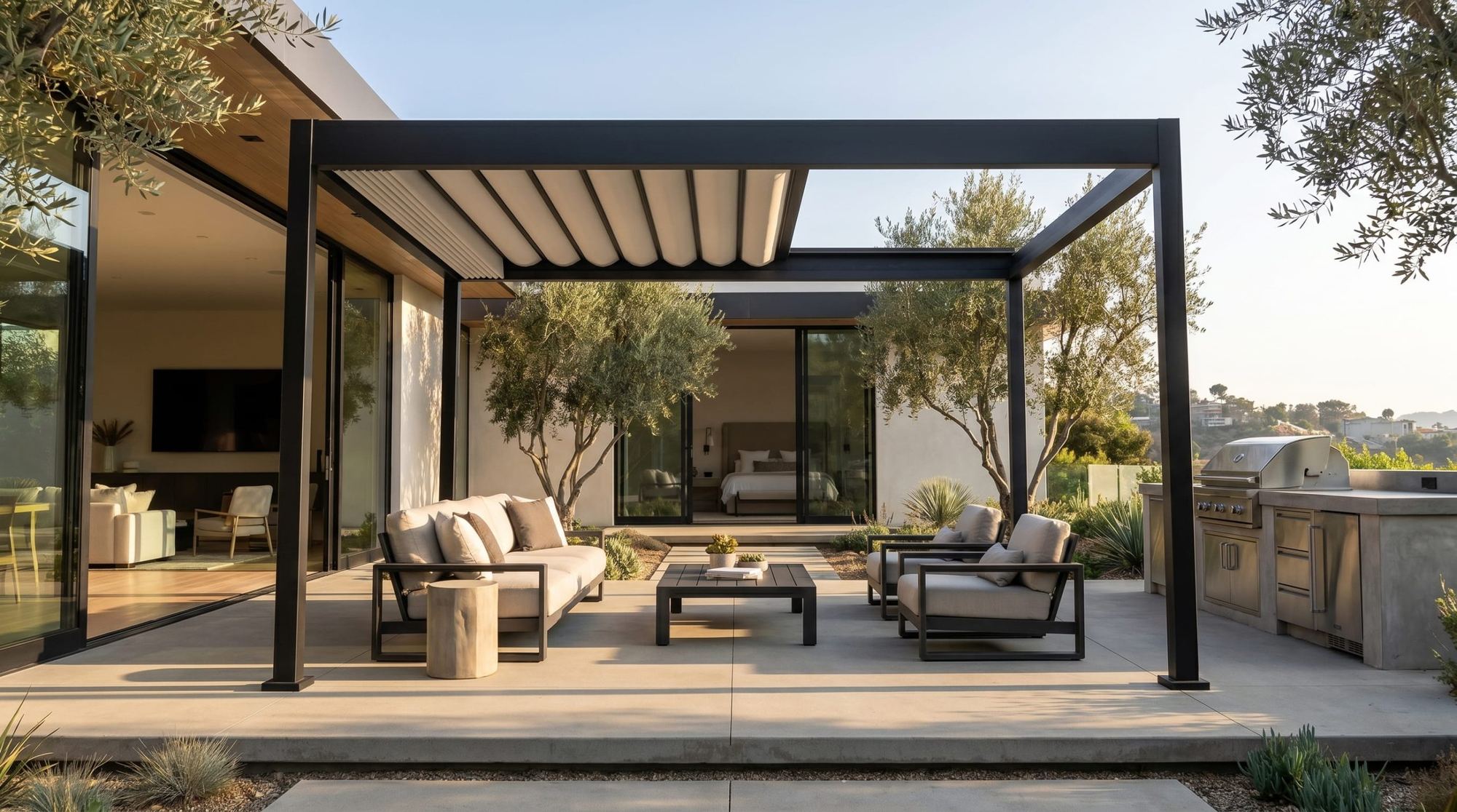 Retractable canopy pergola with outdoor living space