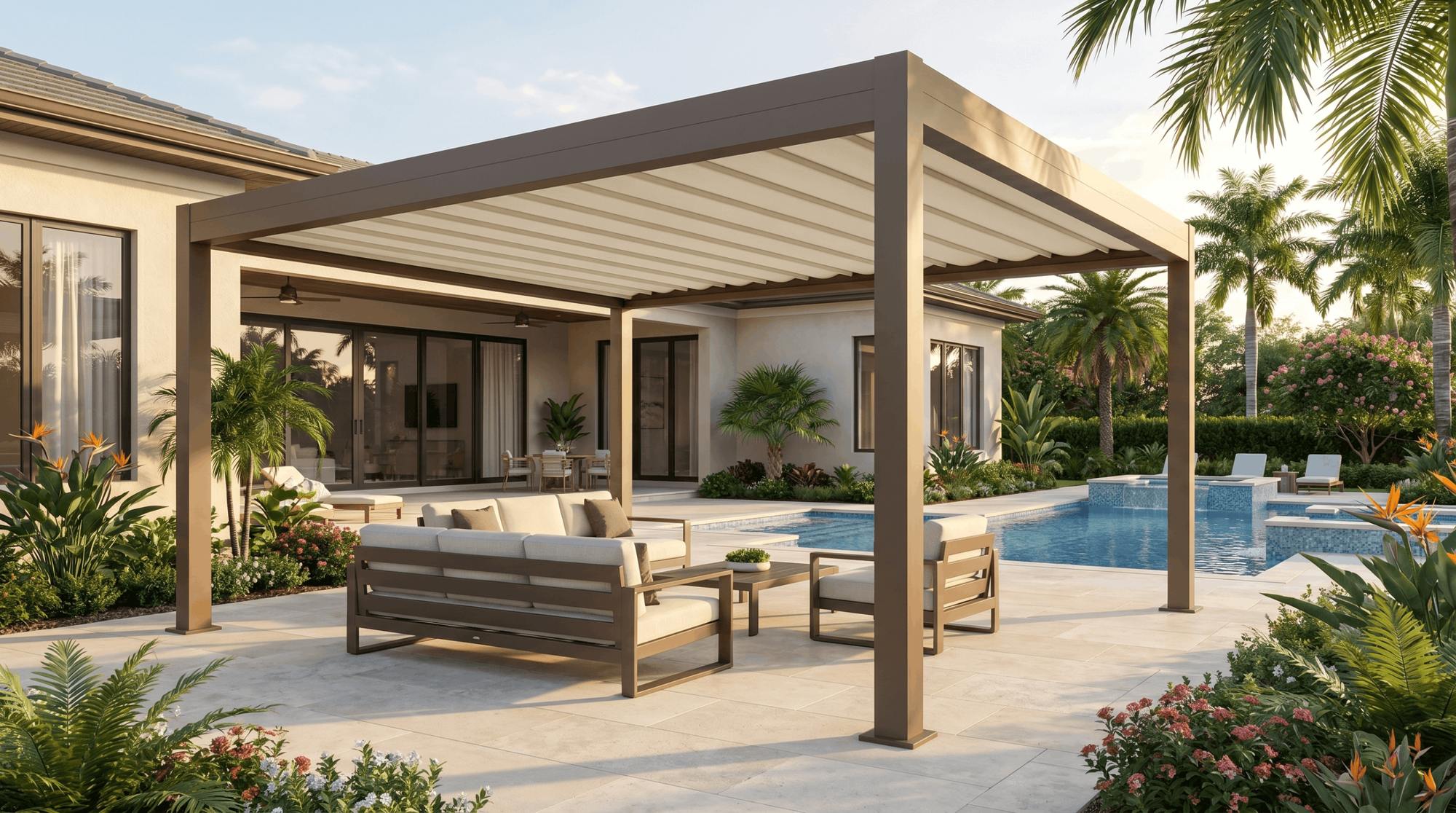 Retractable canopy pergola urban courtyard