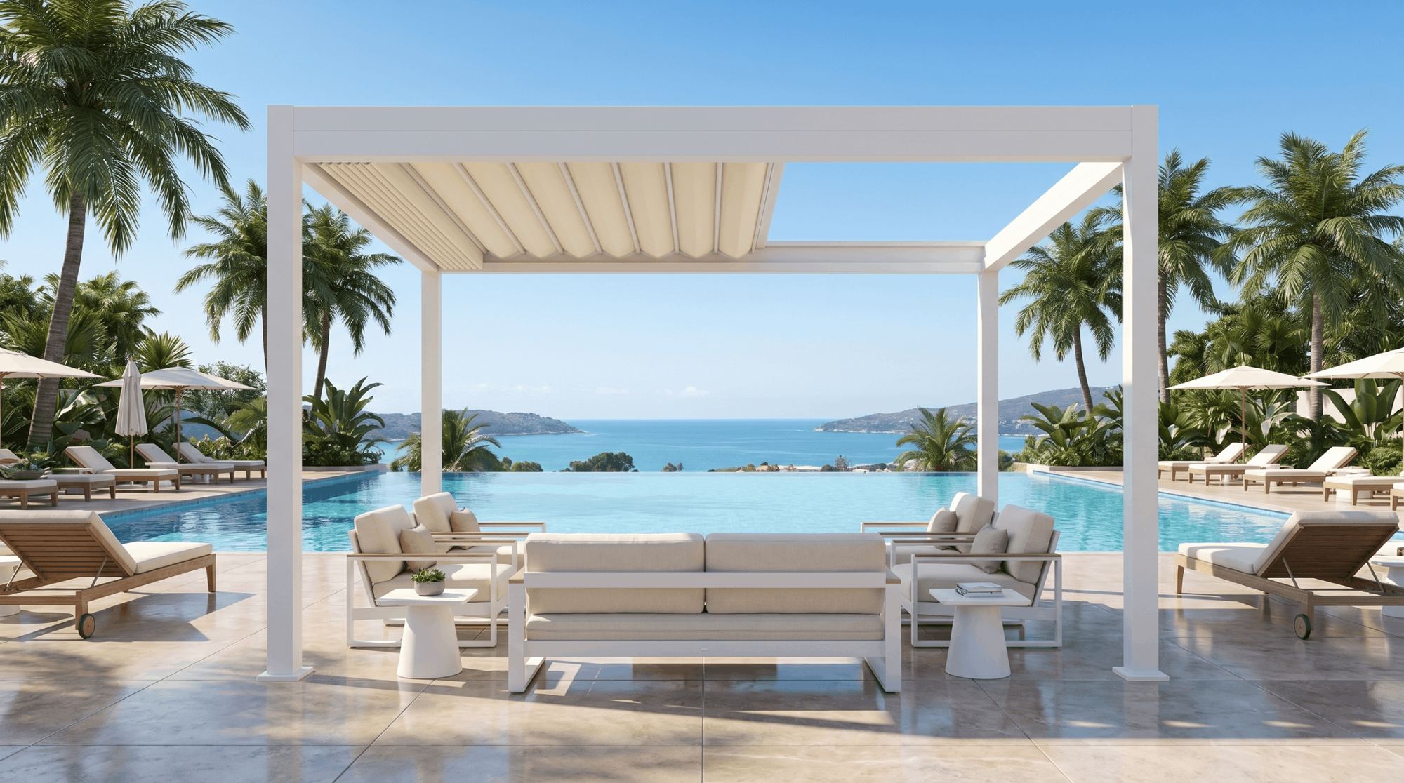 Retractable canopy pergola on rooftop terrace with city views