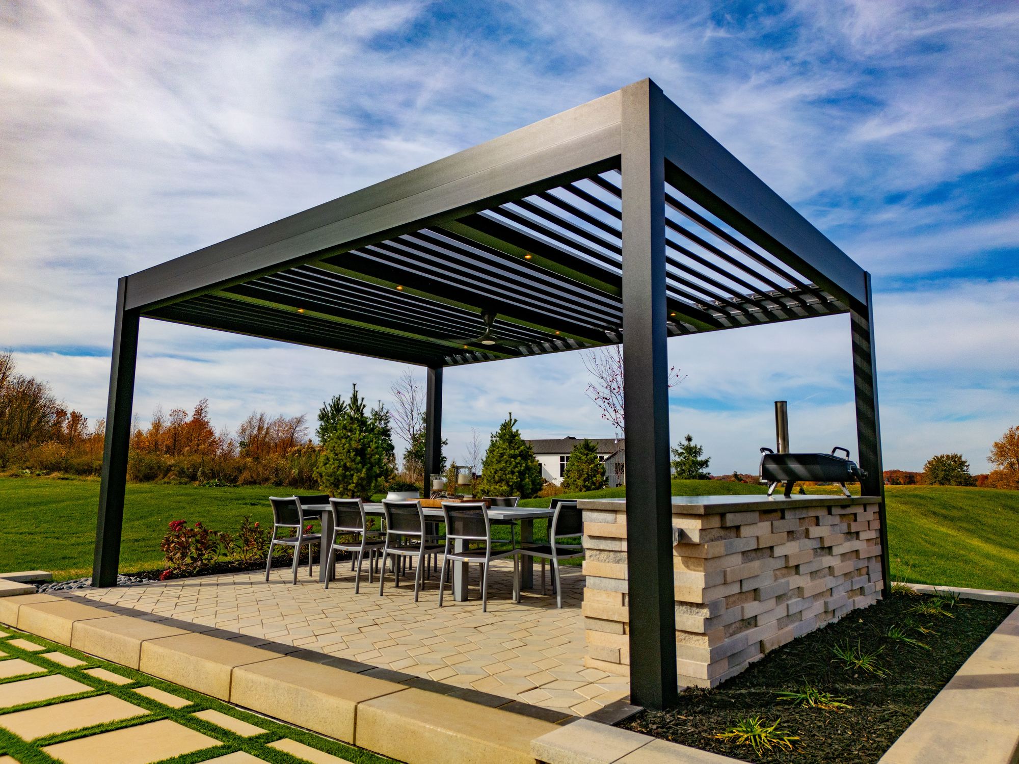 Commercial outdoor dining pergola with outdoor kitchen | Cabana Theory