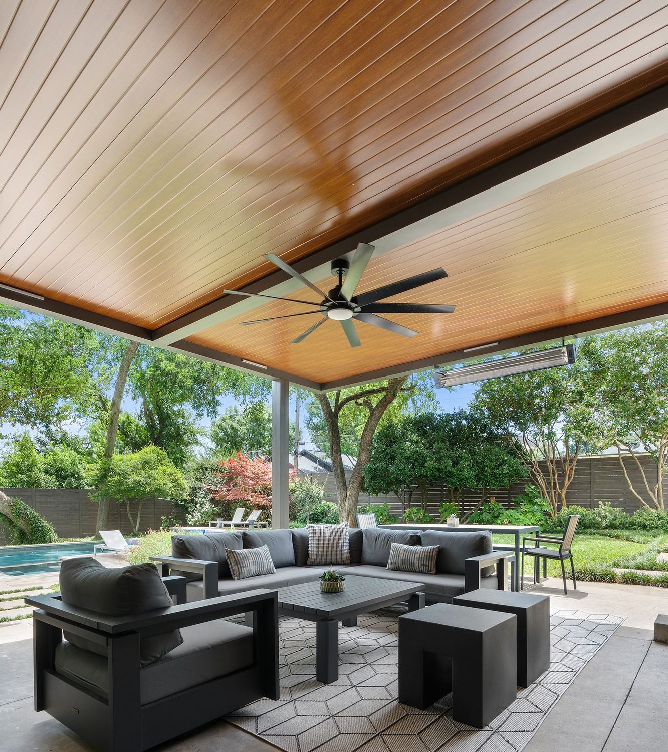 Covered patio with seating for holiday outdoor entertaining in North Texas | Cabana Theory